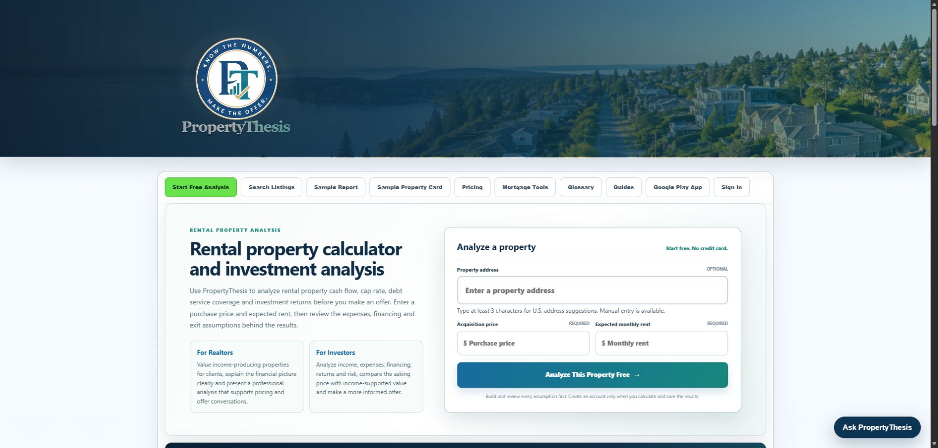 PropertyThesis start screen with purchase price and expected monthly rent inputs